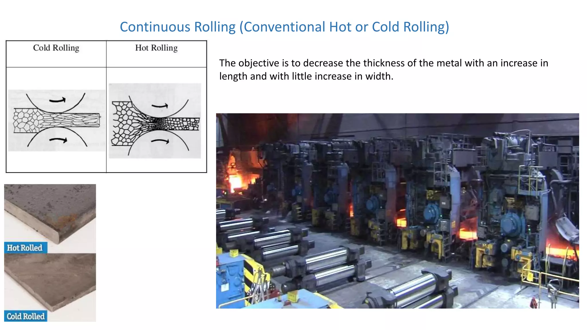 Continuous Rolling (Conventional Hot or Cold Rolling)
The objective is to decrease the thickness of the metal with an increase in
length and with little increase in width.
 