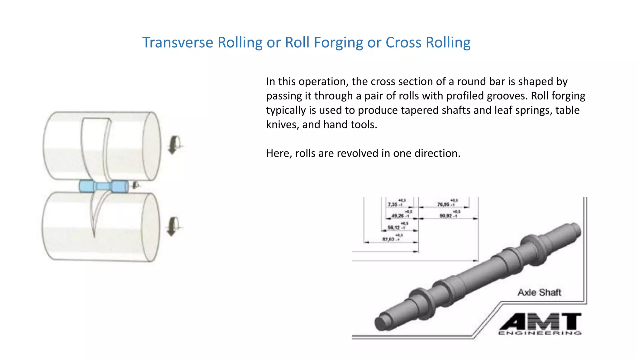 Transverse Rolling or Roll Forging or Cross Rolling
In this operation, the cross section of a round bar is shaped by
passing it through a pair of rolls with profiled grooves. Roll forging
typically is used to produce tapered shafts and leaf springs, table
knives, and hand tools.
Here, rolls are revolved in one direction.
 