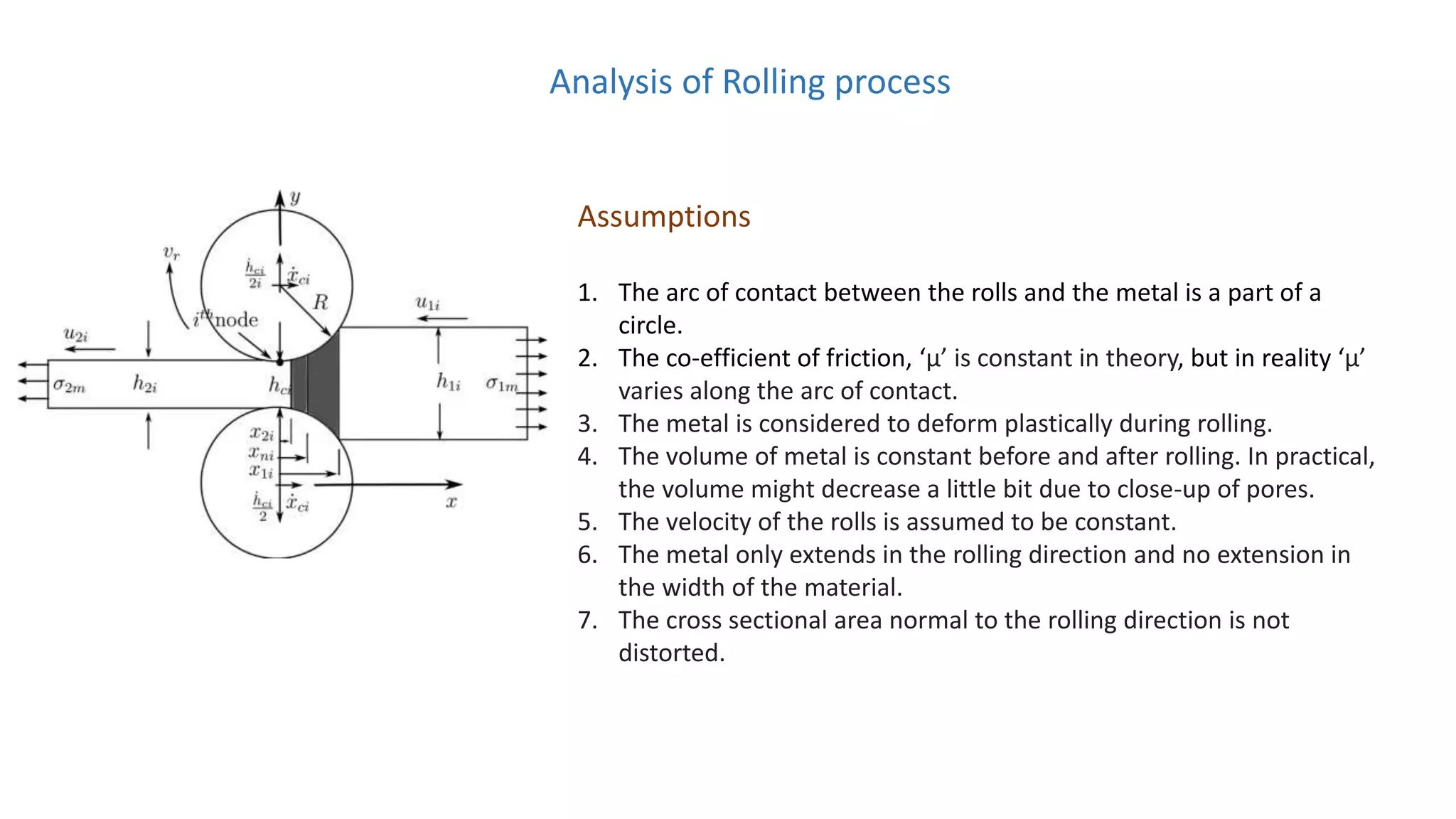 Analysis of Rolling process
Assumptions
1. The arc of contact between the rolls and the metal is a part of a
circle.
2. The co-efficient of friction, ‘μ’ is constant in theory, but in reality ‘μ’
varies along the arc of contact.
3. The metal is considered to deform plastically during rolling.
4. The volume of metal is constant before and after rolling. In practical,
the volume might decrease a little bit due to close-up of pores.
5. The velocity of the rolls is assumed to be constant.
6. The metal only extends in the rolling direction and no extension in
the width of the material.
7. The cross sectional area normal to the rolling direction is not
distorted.
 