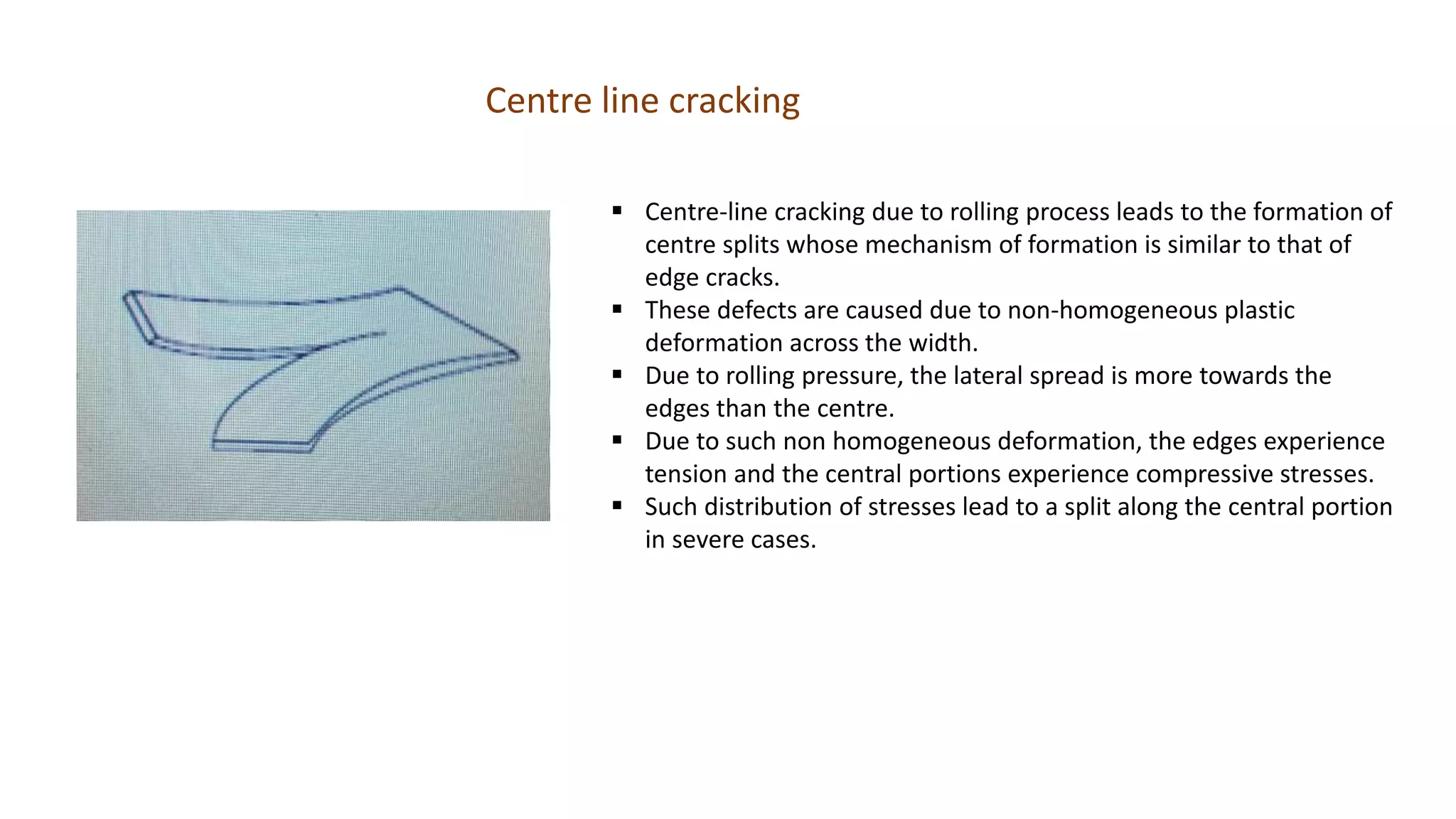 Centre line cracking
 Centre-line cracking due to rolling process leads to the formation of
centre splits whose mechanism of formation is similar to that of
edge cracks.
 These defects are caused due to non-homogeneous plastic
deformation across the width.
 Due to rolling pressure, the lateral spread is more towards the
edges than the centre.
 Due to such non homogeneous deformation, the edges experience
tension and the central portions experience compressive stresses.
 Such distribution of stresses lead to a split along the central portion
in severe cases.
 