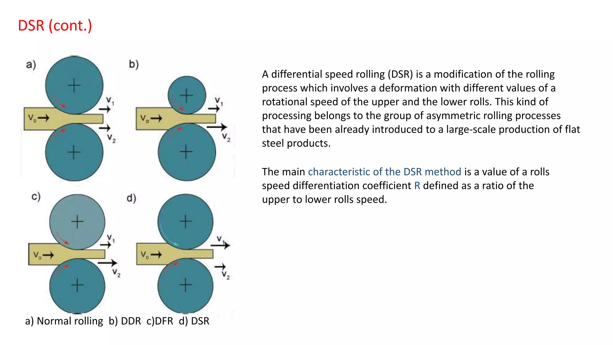 a) Normal rolling b) DDR c)DFR d) DSR
A differential speed rolling (DSR) is a modification of the rolling
process which involves a deformation with different values of a
rotational speed of the upper and the lower rolls. This kind of
processing belongs to the group of asymmetric rolling processes
that have been already introduced to a large-scale production of flat
steel products.
DSR (cont.)
The main characteristic of the DSR method is a value of a rolls
speed differentiation coefficient R defined as a ratio of the
upper to lower rolls speed.
 