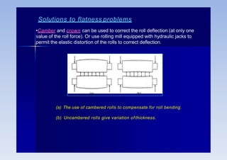 •Camber and crown can be used to correct the roll deflection (at only one
value of the roll force). Or use rolling mill equipped with hydraulic jacks to
permit the elastic distortion of the rolls to correct deflection.
(a) (b)
(a) The use of cambered rolls to compensate for roll bending.
(b) Uncambered rolls give variation of thickness.
Solutions to flatness problems
 