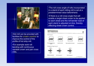 •Hot mill can be provided with
facilities for crown control to
improve the control of the
profile of hot strip mill.
•For example work roll
bending with continuous
variable crown and pair cross
mills.
•The roll cross angle of rolls incorporated
in a stand of each rolling mill is set at a
predetermined value beforehand.
•If there is a roll cross angle that will
enable a target sheet crown to be applied
to each sheet and the roll bender load of
each stand is adjusted on-line, thereby
effecting sheet crown control.
 