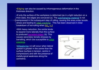 •Edging can also be caused by inhomogeneous deformation in the
thickness direction.
•If only the surface of the workpiece is deformed (as in a light reduction on a
thick slab), the edges are concaved (a). The overhanging material is not
compressed in the subsequent step of rolling, causing this area under tensile
stress and leading to edge cracking. This has been observed in initial
breakdown of hot-rolling when h/Lp > 2
•With heavy reduction, the centre tends
to expand more laterally than the surface
to produced barrelled edges (b). This
causes secondary tensile stresses by
barrelling, which are susceptible to edge
cracking.
•Alligatoring (c) will occur when lateral
spread is greater in the centre than the
surface (surface in tension, centre in
compression) and with the presence of
metallurgical weakness along the
centreline.
 