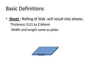Basic Definitions
• Sheet : Rolling of Slab will result into sheets.
Thickness: 0.21 to 2.64mm
Width and length same as plate.
SHEET
 