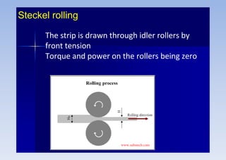 Steckel rolling
The strip is drawn through idler rollers by
front tension
Torque and power on the rollers being zero
 