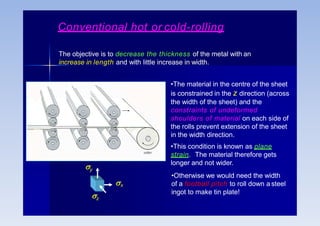 Conventional hot or cold-rolling
The objective is to decrease the thickness of the metal with an
increase in length and with little increase in width.
•The material in the centre of the sheet
is constrained in the z direction (across
the width of the sheet) and the
constraints of undeformed
shoulders of material on each side of
the rolls prevent extension of the sheet
in the width direction.
•This condition is known as plane
strain. The material therefore gets
longer and not wider.
•Otherwise we would need the width
of a football pitch to roll down a steel
ingot to make tin plate!
y
z
x
 