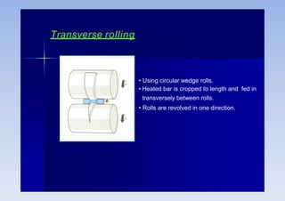 Transverse rolling
• Using circular wedge rolls.
• Heated bar is cropped to length and fed in
transversely between rolls.
• Rolls are revolved in one direction.
 
