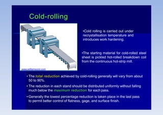 Cold-rolling
•The starting material for cold-rolled steel
sheet is pickled hot-rolled breakdown coil
from the continuous hot-strip mill.
• The total reduction achieved by cold-rolling generally will vary from about
50 to 90%.
• The reduction in each stand should be distributed uniformly without falling
much below the maximum reduction for each pass.
• Generally the lowest percentage reduction is taken place in the last pass
to permit better control of flatness, gage, and surface finish.
•Cold rolling is carried out under
recrystallisation temperature and
introduces work hardening.
www.williamsonir.com
 