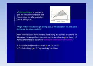 •Frictional force is needed to
pull the metal into the rolls and
responsible for a large portion
of the rolling load.
•High friction results in high rolling load, a steep friction hill and great
tendency for edge cracking.
•The friction varies from point to point along the contact arc of the roll.
However it is very difficult to measure this variation in , all theory of
rolling are forced to assume a constant coefficient of friction.
• For cold-rolling with lubricants,  ~ 0.05 – 0.10.
• For hot-rolling ,  ~ 0.2 up to sticky condition.
 