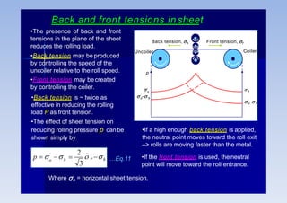 Back and front tensions in sheet
’
o
’
o
’ -
o b
’ -
o f
p
Back tension, b
Uncoiler
Front tension, f
Coiler
h  o 

p   
_
'
o
2
3
h …Eq.11
Where h = horizontal sheet tension.
•If a high enough back tension is applied,
the neutral point moves toward the roll exit
–> rolls are moving faster than the metal.
•If the front tension is used, the neutral
point will move toward the roll entrance.
•The presence of back and front
tensions in the plane of the sheet
reduces the rolling load.
•Back tension may be produced
by controlling the speed of the
uncoiler relative to the roll speed.
•Front tension may becreated
by controlling the coiler.
•Back tension is ~ twice as
effective in reducing the rolling
load P as front tension.
•The effect of sheet tension on
reducing rolling pressure p can be
shown simply by
 