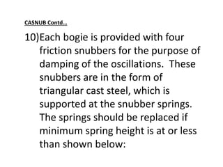 CASNUB Contd…
10)Each bogie is provided with four
friction snubbers for the purpose of
damping of the oscillations. These
snubbers are in the form of
triangular cast steel, which is
supported at the snubber springs.
The springs should be replaced if
minimum spring height is at or less
than shown below:
 