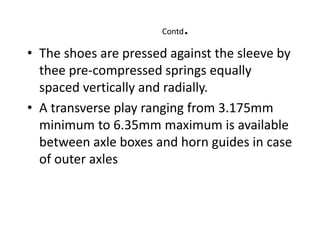 Contd.
• The shoes are pressed against the sleeve by
thee pre-compressed springs equally
spaced vertically and radially.
• A transverse play ranging from 3.175mm
minimum to 6.35mm maximum is available
between axle boxes and horn guides in case
of outer axles
 