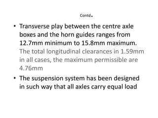 Contd.
• Transverse play between the centre axle
boxes and the horn guides ranges from
12.7mm minimum to 15.8mm maximum.
The total longitudinal clearances in 1.59mm
in all cases, the maximum permissible are
4.76mm
• The suspension system has been designed
in such way that all axles carry equal load
 