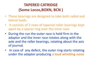TAPERED CATRIDGE
(Some Locos,BOXN, BCN )
• These bearings are designed to take both radial and
lateral loads.
• It consists of 2 rows of tapered roller bearings kept
apart by a spacer ring over the inner race
• During the run the outer race is held firm in the
adaptor and the inner race rotates along with the
axle and the roller bearings, rotating about the axis
of journal.
• In case of any defect, the outer ring starts rotating
under the adapter producing a loud whistling noise
 