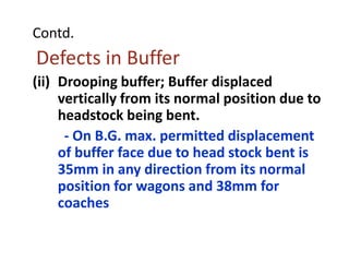 Contd.
Defects in Buffer
(ii) Drooping buffer; Buffer displaced
vertically from its normal position due to
headstock being bent.
- On B.G. max. permitted displacement
of buffer face due to head stock bent is
35mm in any direction from its normal
position for wagons and 38mm for
coaches
 