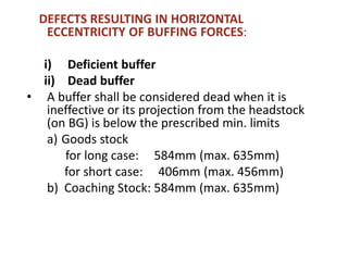 DEFECTS RESULTING IN HORIZONTAL
ECCENTRICITY OF BUFFING FORCES:
i) Deficient buffer
ii) Dead buffer
• A buffer shall be considered dead when it is
ineffective or its projection from the headstock
(on BG) is below the prescribed min. limits
a) Goods stock
for long case: 584mm (max. 635mm)
for short case: 406mm (max. 456mm)
b) Coaching Stock: 584mm (max. 635mm)
 