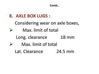Contd…
8. AXLE BOX LUGS :
Considering wear on axle boxes,
 Max. limit of total
Long. clearance 18 mm
 Max. limit of total
Lat. Clearance 24.5 mm
 