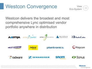 Westcon Convergence
Westcon delivers the broadest and most
comprehensive Lync optimised vendor
portfolio anywhere in distribution
View
Eco-System
 