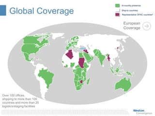 In-country presence
Ship-to countries
Representative OFAC countries*
Global Coverage
European
Coverage
Over 100 offices,
shipping to more than 100
countries and more than 20
logistics/staging facilities
 