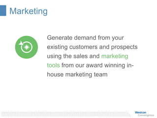 Marketing
Generate demand from your
existing customers and prospects
using the sales and marketing
tools from our award winning in-
house marketing team
 
