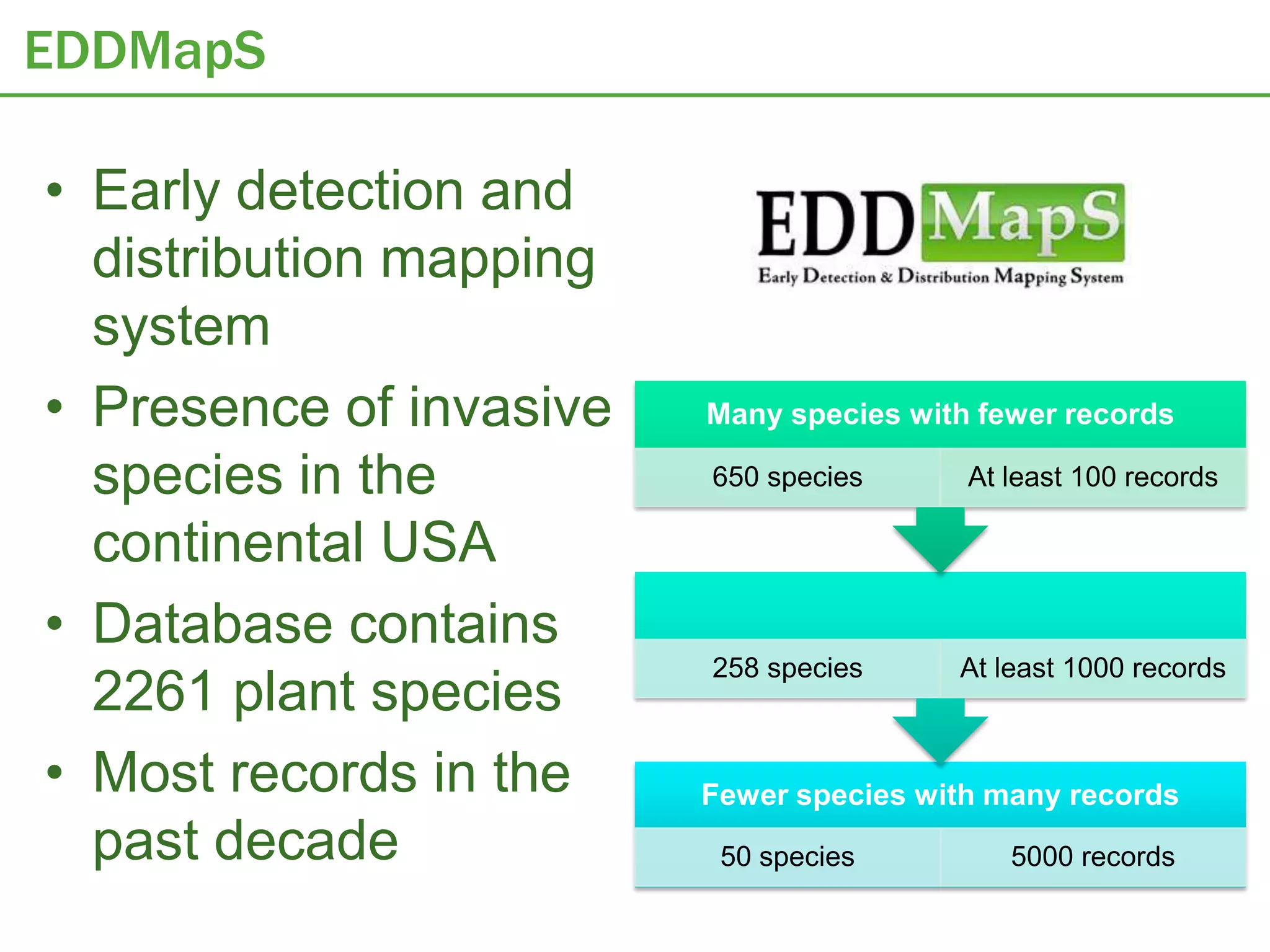 EDDMapS

• Early detection and
  distribution mapping
  system
• Presence of invasive   Many species with fewer records

  species in the         650 species      At least 100 records

  continental USA
• Database contains
                         258 species     At least 1000 records
  2261 plant species
• Most records in the    Fewer species with many records
  past decade             50 species         5000 records
 