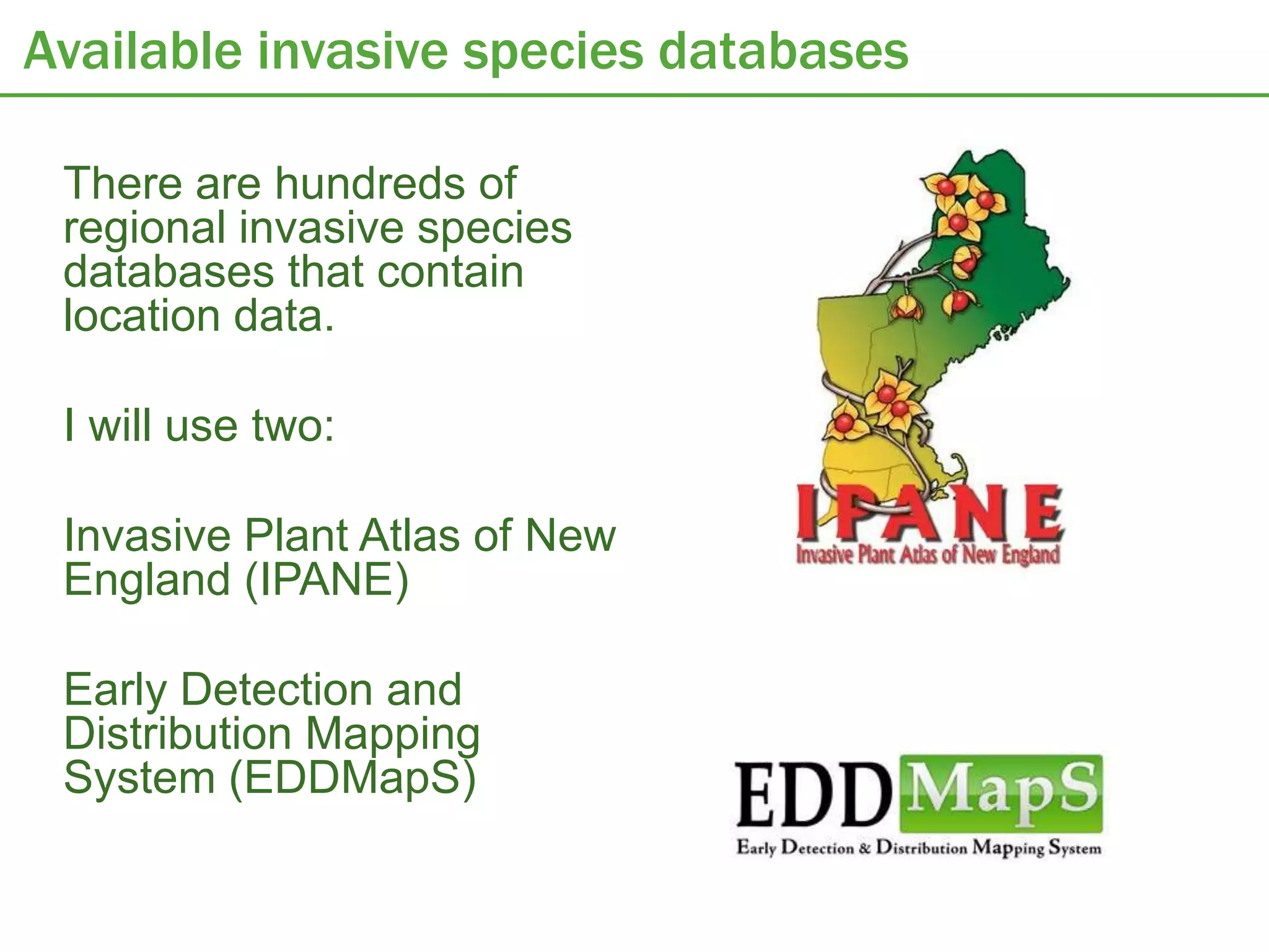 Available invasive species databases

 There are hundreds of
 regional invasive species
 databases that contain
 location data.

 I will use two:

 Invasive Plant Atlas of New
 England (IPANE)

 Early Detection and
 Distribution Mapping
 System (EDDMapS)
 