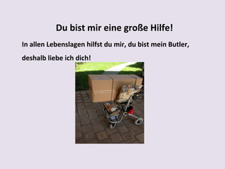 Du bist mir eine große Hilfe!
In allen Lebenslagen hilfst du mir, du bist mein Butler,
deshalb liebe ich dich!

 