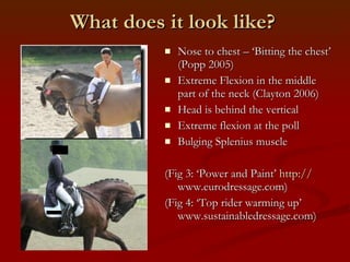 What does it look like? Nose to chest – ‘Bitting the chest’ (Popp 2005) Extreme Flexion in the middle part of the neck (Clayton 2006) Head is behind the vertical Extreme flexion at the poll Bulging Splenius muscle (Fig 3: ‘Power and Paint’  http:// www.eurodressage.com ) (Fig 4: ‘Top rider warming up’ www.sustainabledressage.com) 