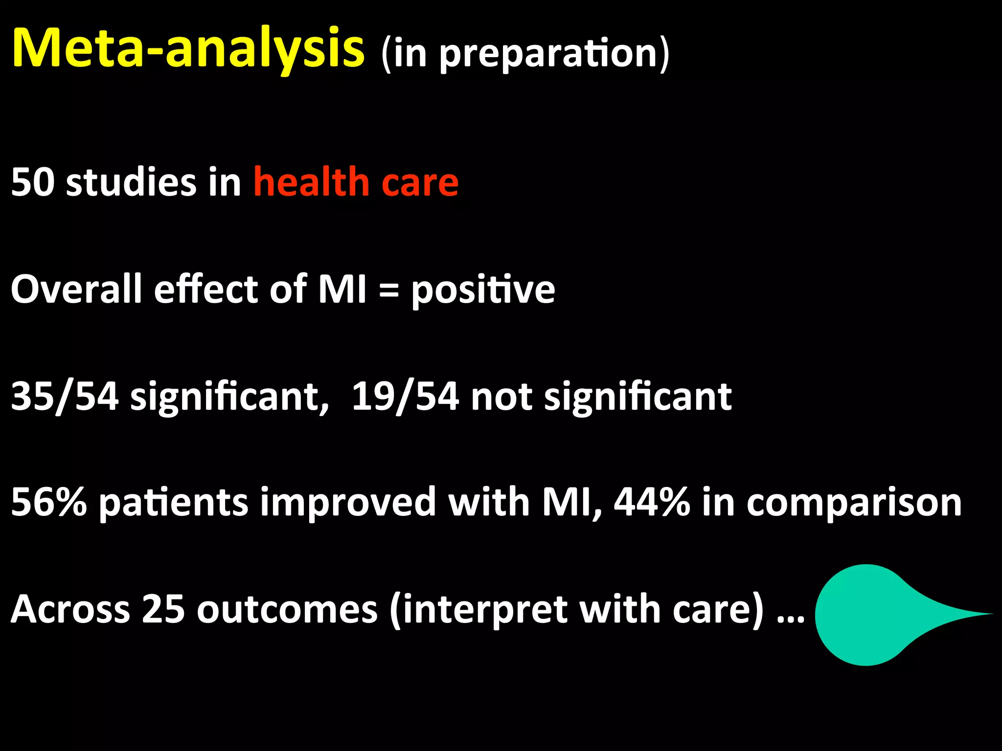 Meta‐analysis (in prepara.on) 
 
50 studies in health care  
 
Overall eﬀect of MI = posi.ve 
 
35/54 signiﬁcant,  19/54 not signiﬁcant 
 
56% pa.ents improved with MI, 44% in comparison 
 
Across 25 outcomes (interpret with care) …   
 
 
 