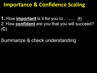   Importance & Conﬁdence Scaling 

1. How important is it for you to …..… (I)
2. How confident are you that you will succeed?
(C)

Summarize & check understanding
 
