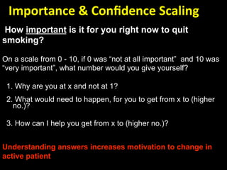   Importance & Conﬁdence Scaling 
How important is it for you right now to quit
smoking?

On a scale from 0 - 10, if 0 was “not at all important” and 10 was
“very important”, what number would you give yourself?

 1. Why are you at x and not at 1?
 2. What would need to happen, for you to get from x to (higher
   no.)?

 3. How can I help you get from x to (higher no.)?


Understanding answers increases motivation to change in
active patient
 