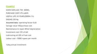 EXAMPLE
GIVEN DATA:ACE 750 –MODEL
PURCHASE COST:175 LAKHS
USEFUL LIFE:10 YEARS(2000Hr/Yr)
ENGINE:230 Hp
Assumed data :operating factor-0.65
Salvage value-10%purchase cost
Maintainance & repair-85%of depreciation
Investment cost-12% of AAI
Lubricating oil-20% of fuel cost
Labour cost -15000 rupees per month
1)Avg annual investment-
 