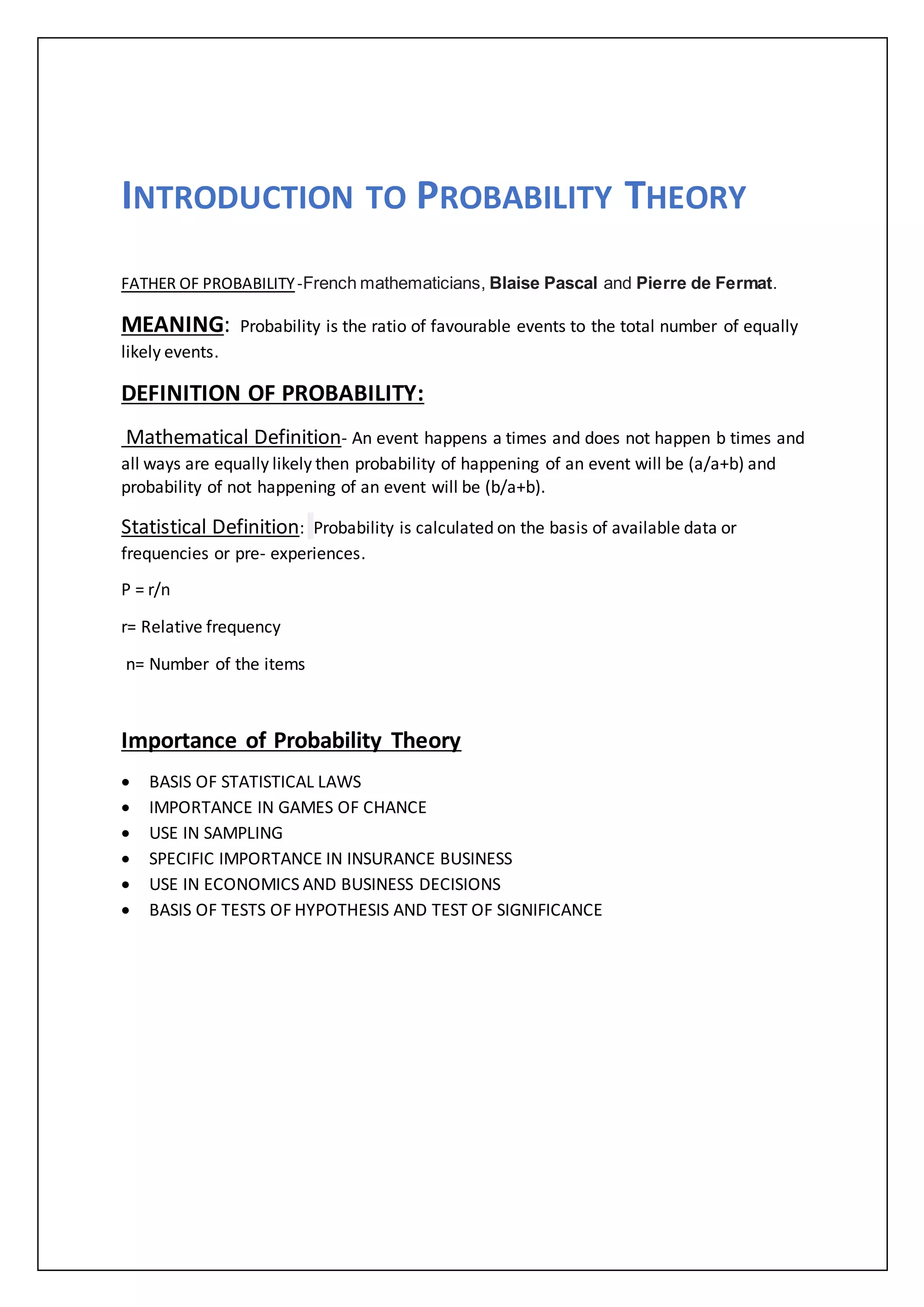 introduction to Probability theory | DOCX | Chemistry | Science