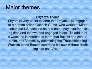 Major themes
Shyam's Theme

Shyam is very upset to learn that Priyanka is engaged
to a person called Ganesh Gupta, who works at Micro
soft in the US because he had dated priyanka for a lo
ng time and the two had engaged in sex. To add to hi
s woes, he is horrified to learn that Bakshi had cheate
d him, and Vroom, by submitting the Troubleshooting
Website to the Boston centre as his own without credit
ing him and Vroom.

 