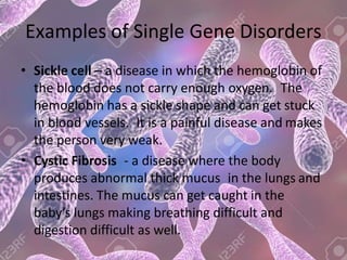 Examples of Single Gene Disorders
• Sickle cell – a disease in which the hemoglobin of
the blood does not carry enough oxygen. The
hemoglobin has a sickle shape and can get stuck
in blood vessels. It is a painful disease and makes
the person very weak.
• Cystic Fibrosis - a disease where the body
produces abnormal thick mucus in the lungs and
intestines. The mucus can get caught in the
baby’s lungs making breathing difficult and
digestion difficult as well.
 