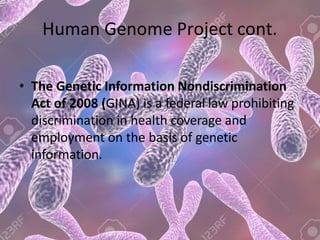 Human Genome Project cont.
• The Genetic Information Nondiscrimination
Act of 2008 (GINA) is a federal law prohibiting
discrimination in health coverage and
employment on the basis of genetic
information.
 