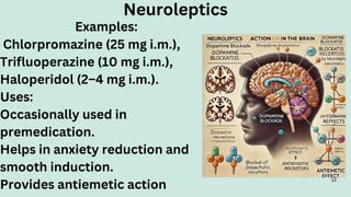Neuroleptics
Examples:
Chlorpromazine (25 mg i.m.),
Trifluoperazine (10 mg i.m.),
Haloperidol (2–4 mg i.m.).
Uses:
Occasionally used in
premedication.
Helps in anxiety reduction and
smooth induction.
Provides antiemetic action
12
 