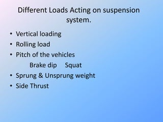 Different Loads Acting on suspension
system.
• Vertical loading
• Rolling load
• Pitch of the vehicles
Brake dip Squat
• Sprung & Unsprung weight
• Side Thrust
 