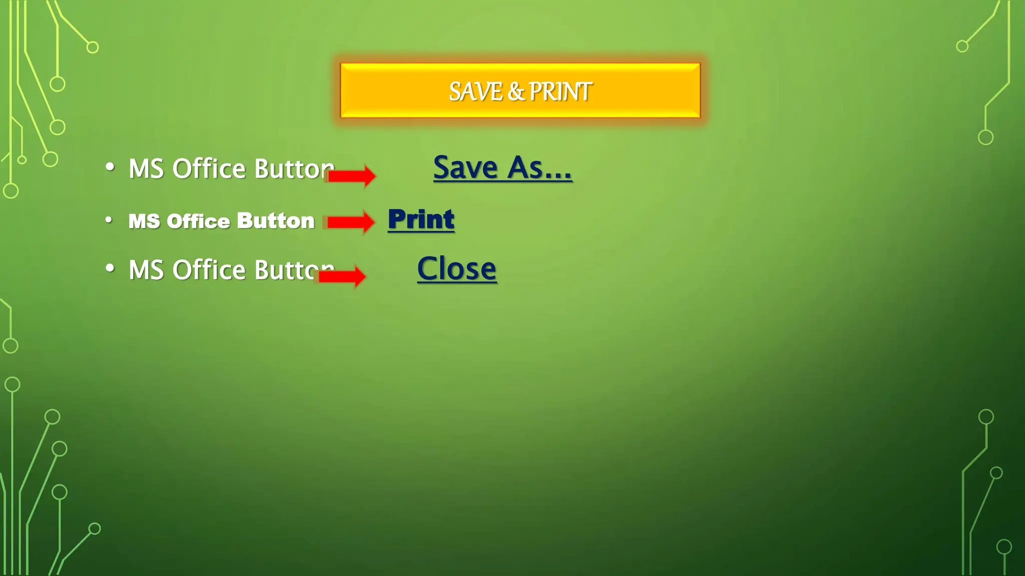 SAVE & PRINT
• MS Office Button Save As...
• MS Office Button Print
• MS Office Button Close
 