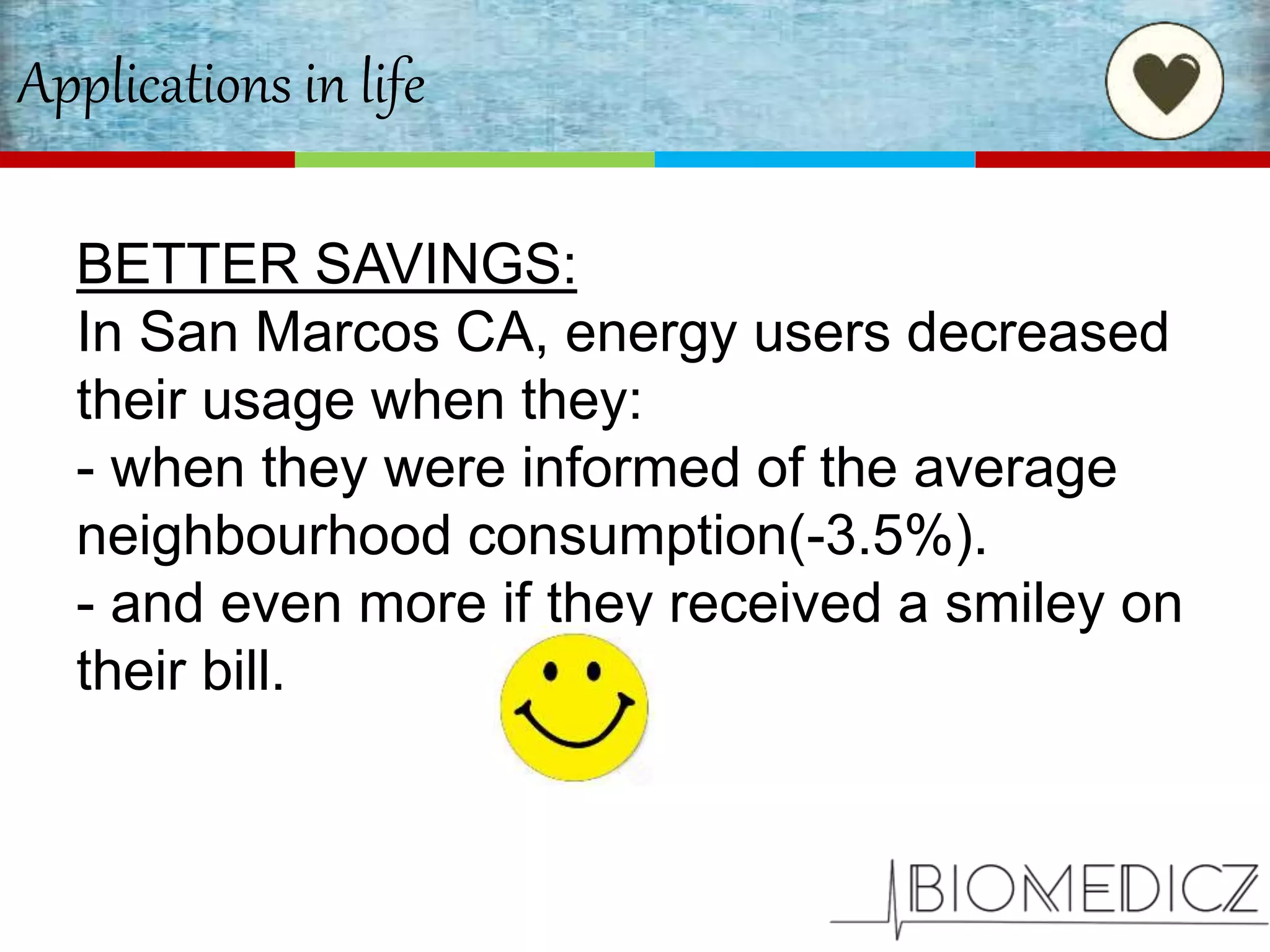 Applications in life
BETTER SAVINGS:
In San Marcos CA, energy users decreased
their usage when they:
- when they were informed of the average
neighbourhood consumption(-3.5%).
- and even more if they received a smiley on
their bill.
 