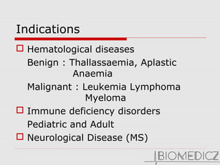 Indications
 Hematological diseases
Benign : Thallassaemia, Aplastic 
    Anaemia 
Malignant : Leukemia Lymphoma 
       Myeloma
 Immune deficiency disorders 
Pediatric and Adult
 Neurological Disease (MS)
 