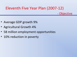Eleventh Five Year Plan (2007-12)
- Objective
• Average GDP growth 9%
• Agricultural Growth 4%
• 58 million employment opportunities
• 10% reduction in poverty
 
