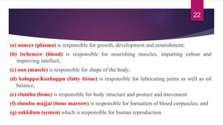 (a) ooneer (plasma) is responsible for growth, development and nourishment;
(b) ischeneer (blood) is responsible for nourishing muscles, imparting colour and
improving intellect;
(c) oon (muscle) is responsible for shape of the body;
(d) koluppu/Kozhuppu (fatty tissue) is responsible for lubricating joints as well as oil
balance;
(e) elumbu (bone) is responsible for body structure and posture and movement
(f) elumbu majjai (bone marrow) is responsible for formation of blood corpuscles; and
(g) sukkilam (semen) which is responsible for human reproduction.
22
 
