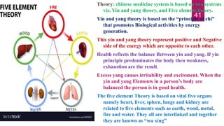 41
Theory: chinese medicine system is based on two systems
viz. Yin and yang theory, and Five element theory.
Yin and yang theory is based on the “principle of chi”
that promotes Biological activities by energy
generation.
This yin and yang theory represent positive and Negative
side of the energy which are opposite to each other.
Health reflects the balance Between yin and yang. If yin
principle predominates the body then weakness,
exhaustion are the result.
Excess yang causes irritability and excitement. When the
yin and yang Elements in a person’s body are
balanced the person is in good health.
The five element Theory is based on vital five organs
namely heart, liver, spleen, lungs and kidney are
related to five elements such as earth, wood, metal,
fire and water. They all are interlinked and together
they are known as “wu xing”
 