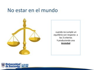 No estar en el mundo
cuando no cumple un
equilibrio con respecto a
los 3 criterios
Y produciendo una
Ansiedad
 