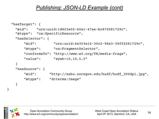 Publishing: JSON-LD Example (cont)


  ”hasTarget”: {
    ”@id”:    ”urn:uuid:1d823e02-60a1-47ae-bc872081729c”,
    ”@type”: ”oa:SpecificResource”,    
    ”hasSelector”: {
        ”@id”:        ”urn:uuid:6e353e12-30c2-98a3-39ff2081729c”,
        ”@type”:      ”oa:FragmentSelector”,
        ”conformsTo”: ”http://www.w3.org/TR/media-frags”,
        ”value”:      ”xywh=10,10,5,5”
    }    
    ”hasSource”: {
        ”@id”:      ”http://zebu.uoregon.edu/hudf/hudf_300dpi.jpg”,
        ”@type”:    ”dcterms:Image”
    }
}




              Open Annotation Community Group         West Coast Open Annotation Rollout
        http://www.w3.org/community/openannotation/    April 9th 2013, Stanford, CA, USA   14
 