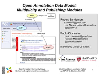 Open Annotation Data Model:
  Multiplicity and Publishing Modules

                                               Robert Sanderson
                                                    azaroth42@gmail.com
                                                    Los Alamos National Laboratory
                                                    @azaroth42

                                               Paolo Ciccarese
                                                    paolo.ciccarese@gmail.com
                                                    Harvard Medical School
                                                    @paolociccarese

                                               (Community Group Co-Chairs)




      Open Annotation Community Group         West Coast Open Annotation Rollout
http://www.w3.org/community/openannotation/    April 9th 2013, Stanford, CA, USA   1
 