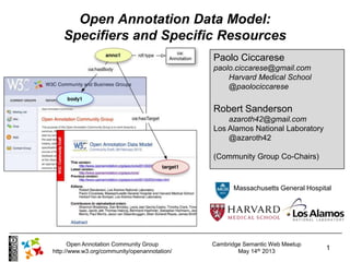 Cambridge Semantic Web Meetup
May 14th 2013
1
Open Annotation Community Group
http://www.w3.org/community/openannotation/
Open Annotation Data Model:
Specifiers and Specific Resources
Paolo Ciccarese
paolo.ciccarese@gmail.com
Harvard Medical School
@paolociccarese
Robert Sanderson
azaroth42@gmail.com
Los Alamos National Laboratory
@azaroth42
(Community Group Co-Chairs)
Massachusetts General Hospital
 