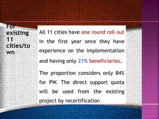 For
existing
11
cities/to
wn
All 11 cities have one round roll out
in the first year once they have
experience on the implementation
and having only 21% beneficiaries.
The proportion considers only 84%
for PW. The direct support quota
will be used from the existing
project by recertification
 